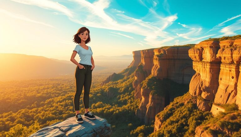 A young woman standing calmly at a clifftop at sunrise, looking out over a wide valley