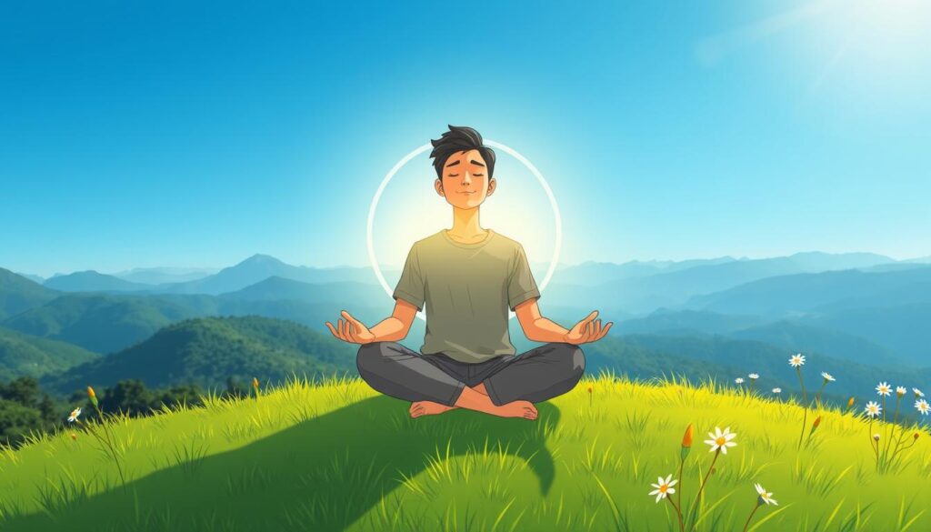 A serene and introspective scene depicting self-awareness, featuring an individual sitting cross-legged on a lush green hillside under a clear blue sky. In the foreground, the person, dressed in modest casual clothing, has their eyes closed, symbolizing meditation and inner reflection. The middle layer portrays a gentle swirl of ethereal light around them, representing thoughts and emotions intertwining, bathed in soft, warm sunlight. In the background, distant mountains and blooming wildflowers add depth to the landscape, enhancing a sense of tranquility and connection to nature. The overall mood is calm and uplifting, with a dreamy atmosphere, evoking a feeling of emotional growth and resilience. Use a wide-angle lens to capture the expansive view, while maintaining a soft focus on the individual to emphasize their journey of self-awareness. Brand name: nextself.ai. A serene and introspective scene depicting self-awareness, featuring an individual sitting cross-legged on a lush green hillside under a clear blue sky. In the foreground, the person, dressed in modest casual clothing, has their eyes closed, symbolizing meditation and inner reflection. The middle layer portrays a gentle swirl of ethereal light around them, representing thoughts and emotions intertwining, bathed in soft, warm sunlight. In the background, distant mountains and blooming wildflowers add depth to the landscape, enhancing a sense of tranquility and connection to nature. The overall mood is calm and uplifting, with a dreamy atmosphere, evoking a feeling of emotional growth and resilience. Use a wide-angle lens to capture the expansive view, while maintaining a soft focus on the individual to emphasize their journey of self-awareness. Brand name: nextself.ai.